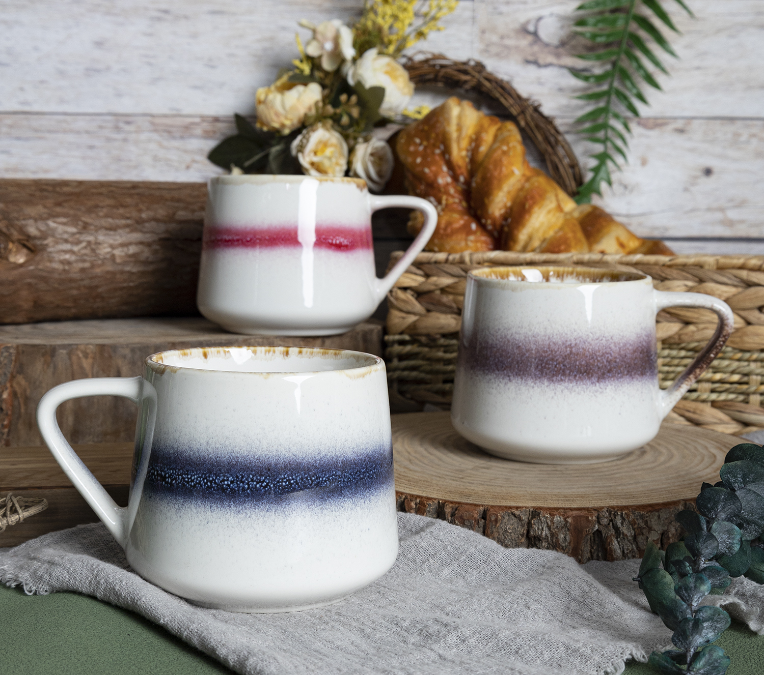 CHANGSHA HAPPY GO  Elegant Gradient Reactive Glaze Bone China Mug Set with Multicolor Stripes and Gold Rim Finish |Dopamine Series Ceramics  |happygodinnerware.com