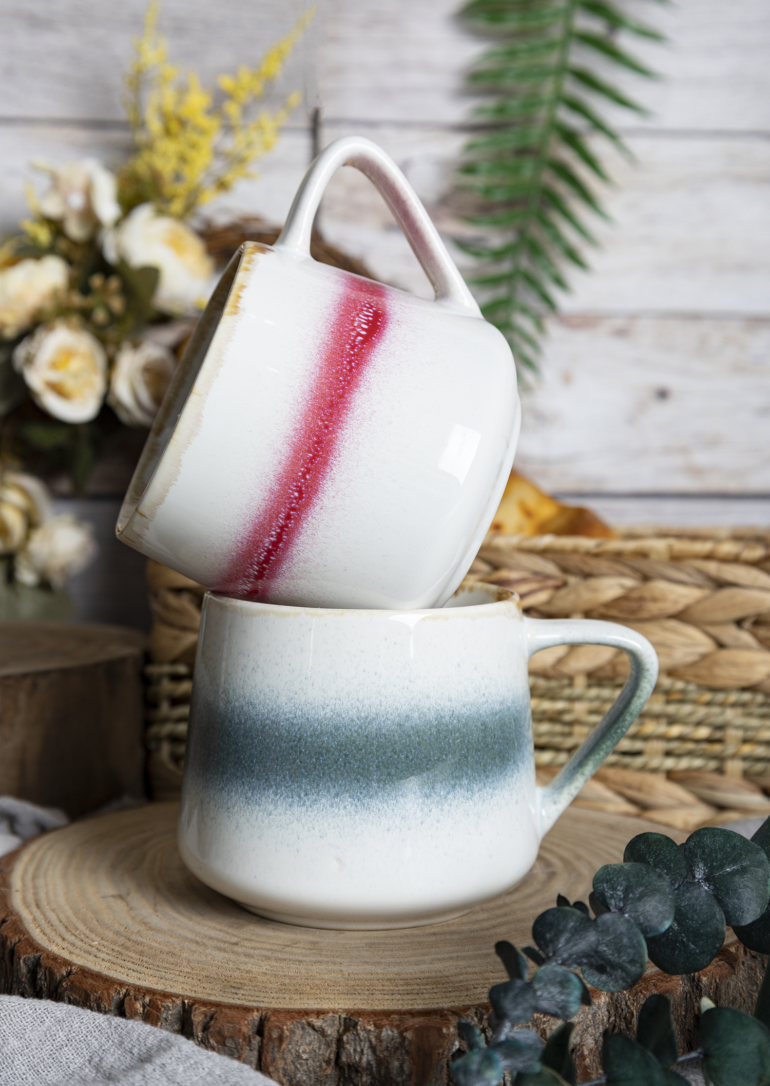 CHANGSHA HAPPY GO  Elegant Gradient Reactive Glaze Bone China Mug Set with Multicolor Stripes and Gold Rim Finish |Dopamine Series Ceramics  |happygodinnerware.com
