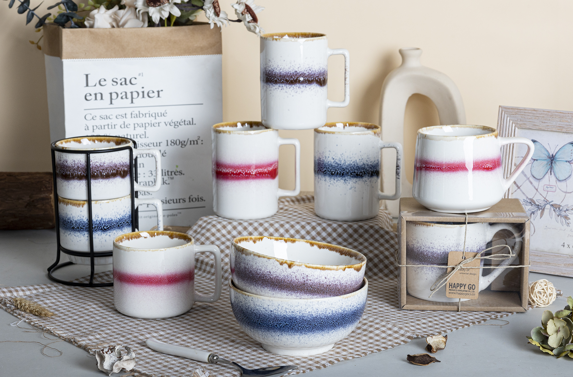 CHANGSHA HAPPY GO  Elegant Gradient Reactive Glaze Bone China Mug Set with Multicolor Stripes and Gold Rim Finish |Dopamine Series Ceramics  |happygodinnerware.com