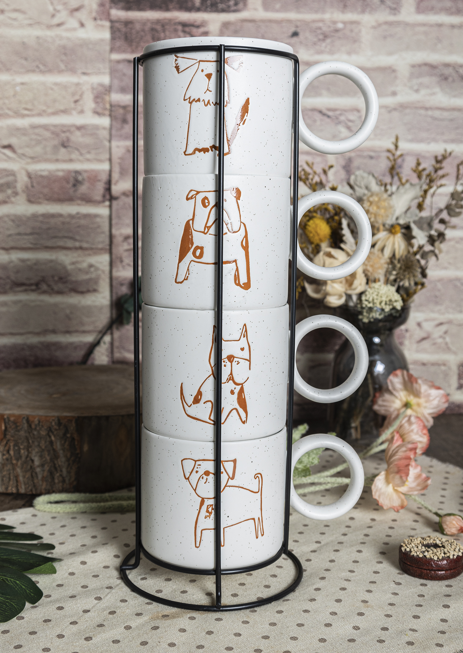 CHANGSHA HAPPY GO  Cartoon Dog Pattern Bone China Mug Set with Rustic Brown Line Art and Modern White Finish |happygodinnerware.com