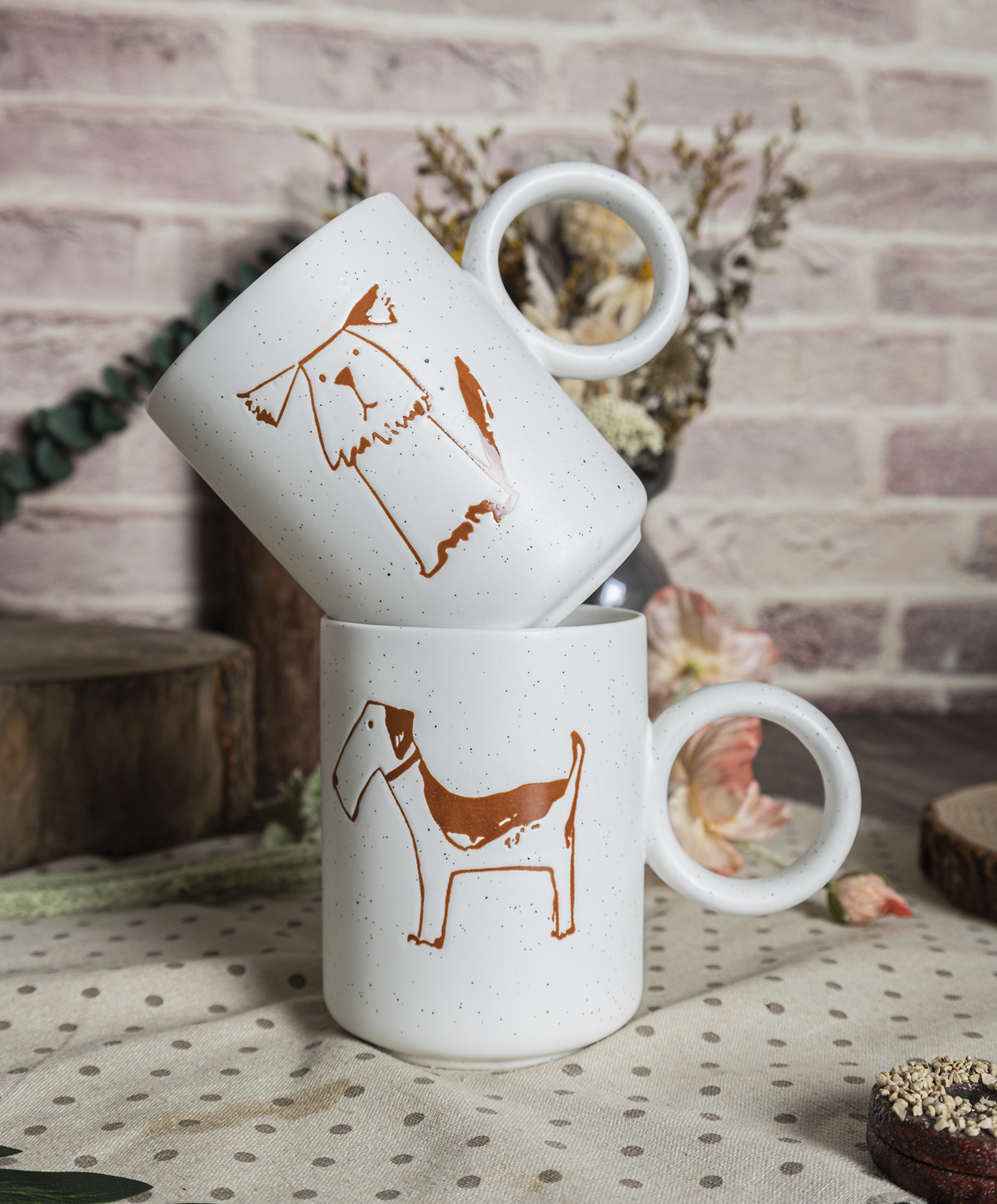 CHANGSHA HAPPY GO  Cartoon Dog Pattern Bone China Mug Set with Rustic Brown Line Art and Modern White Finish |happygodinnerware.com