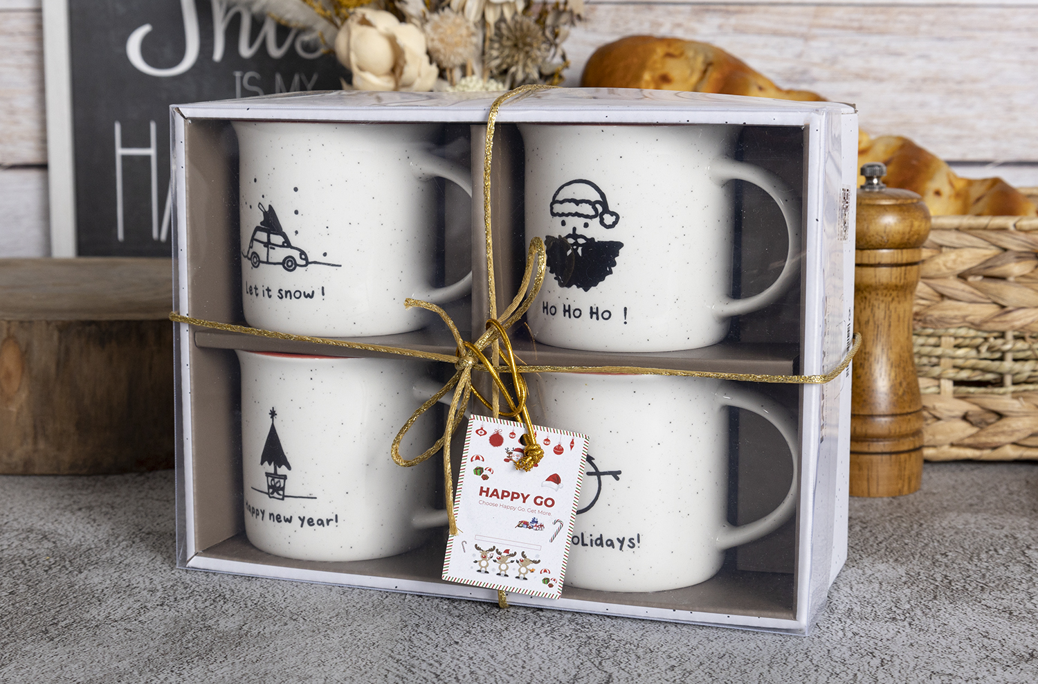 CHANGSHA HAPPY GO  Monochrome Christmas Bone China Mug Set with Hand-Drawn Festive Motifs in Black Ink Finish  |happygodinnerware.com