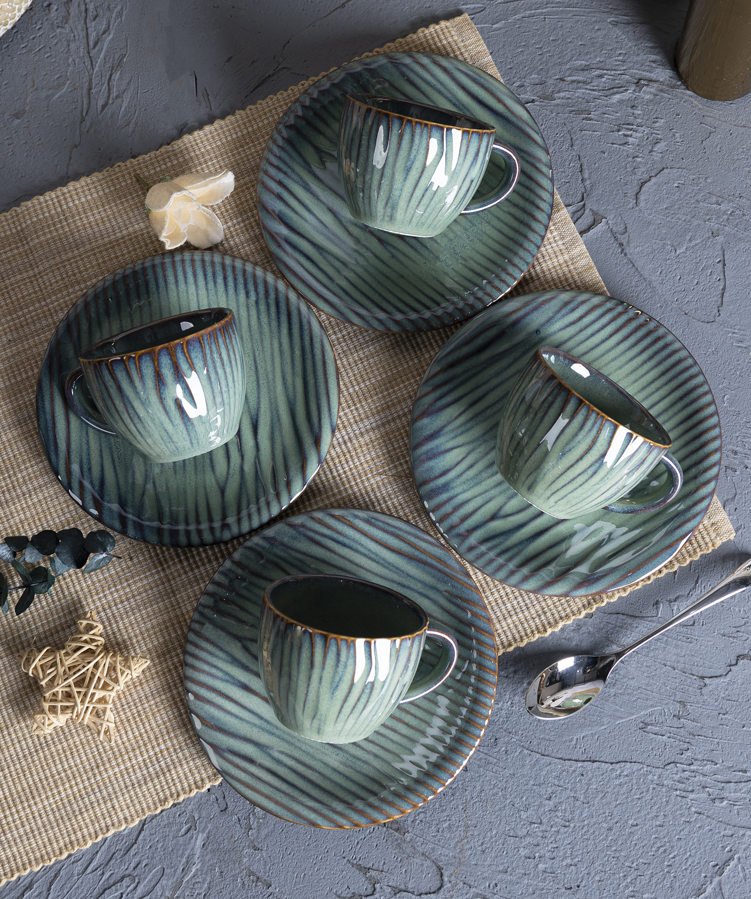 CHANGSHA HAPPY GO  Vintage Green Embossed New Bone China Tea Set with Textured Reactive Glaze and Elegant Rippled Surface  |happygodinnerware.com