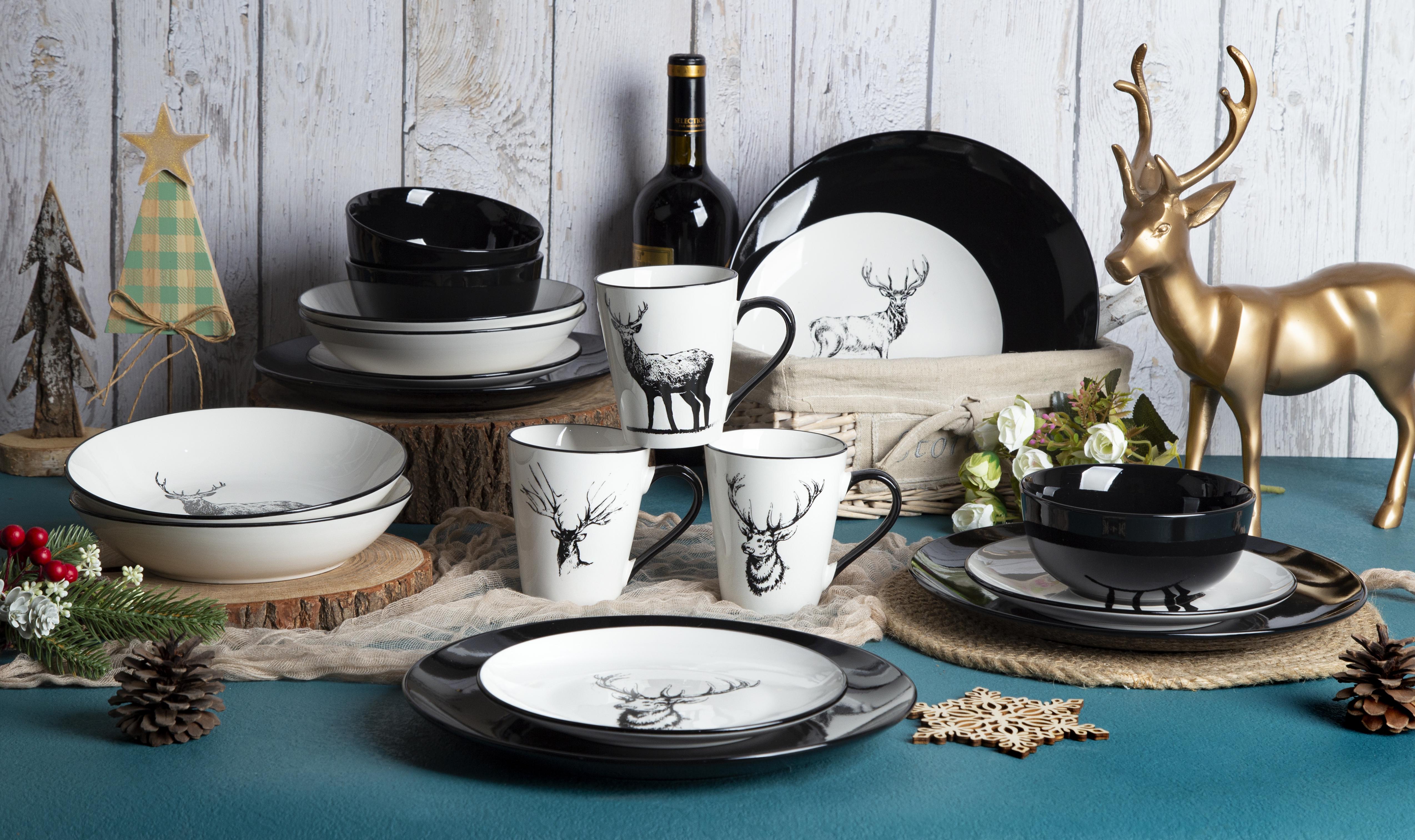 CHANGSHA HAPPY GO Elegant Black & White Reindeer Printed Porcelain Dinnerware for Christmas |happygodinnerware.com