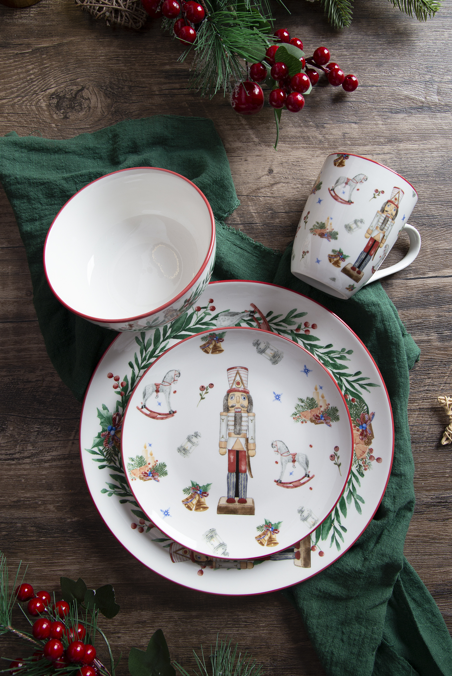 CHANGSHA HAPPY GO Christmas Nutcracker Fine Porcelain Decal Dinnerware Set with Festive Holiday Patterns and Red Rim Design  |happygodinnerware.com