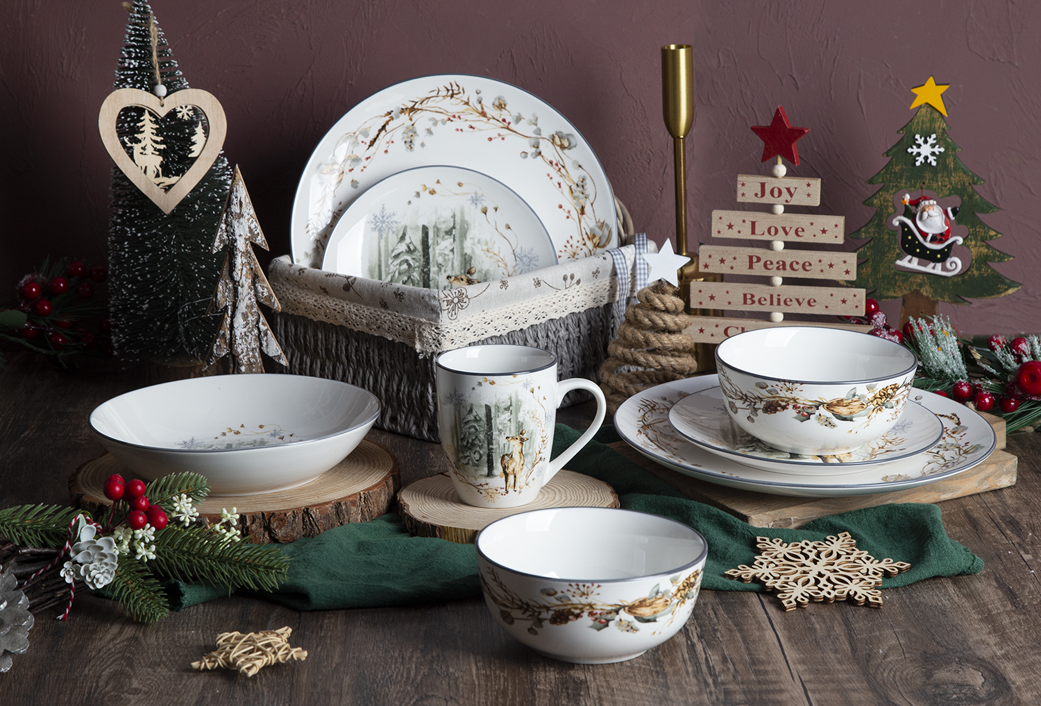 CHANGSHA HAPPY GO  Christmas Forest Deer Theme Decal Dinnerware Set with Pine Trees and Winter Elements  |happygodinnerware.com