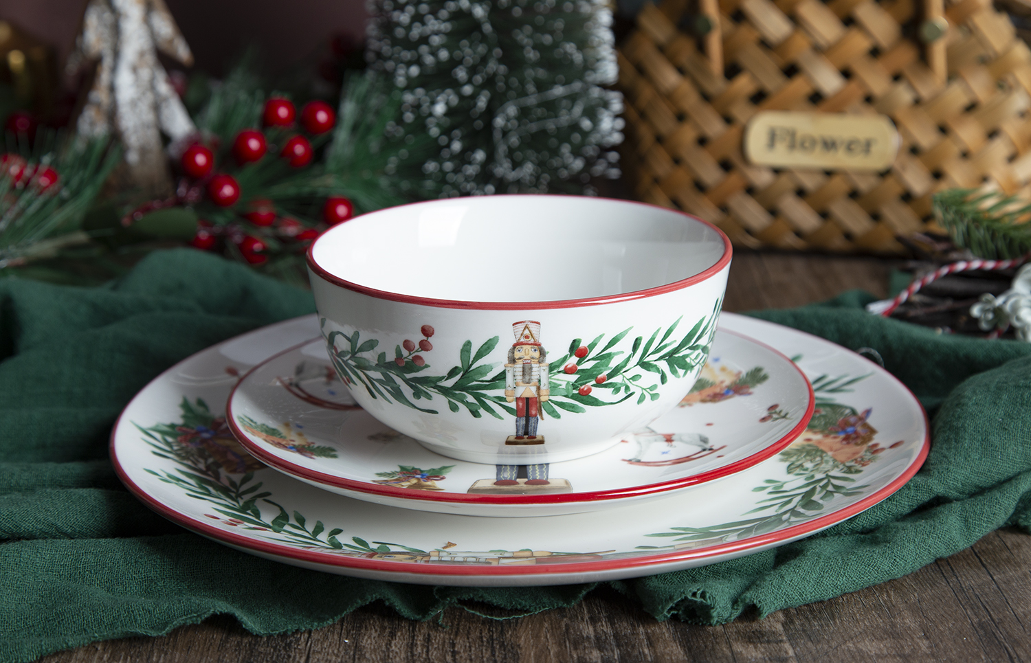 CHANGSHA HAPPY GO Christmas Nutcracker Fine Porcelain Decal Dinnerware Set with Festive Holiday Patterns and Red Rim Design  |happygodinnerware.com