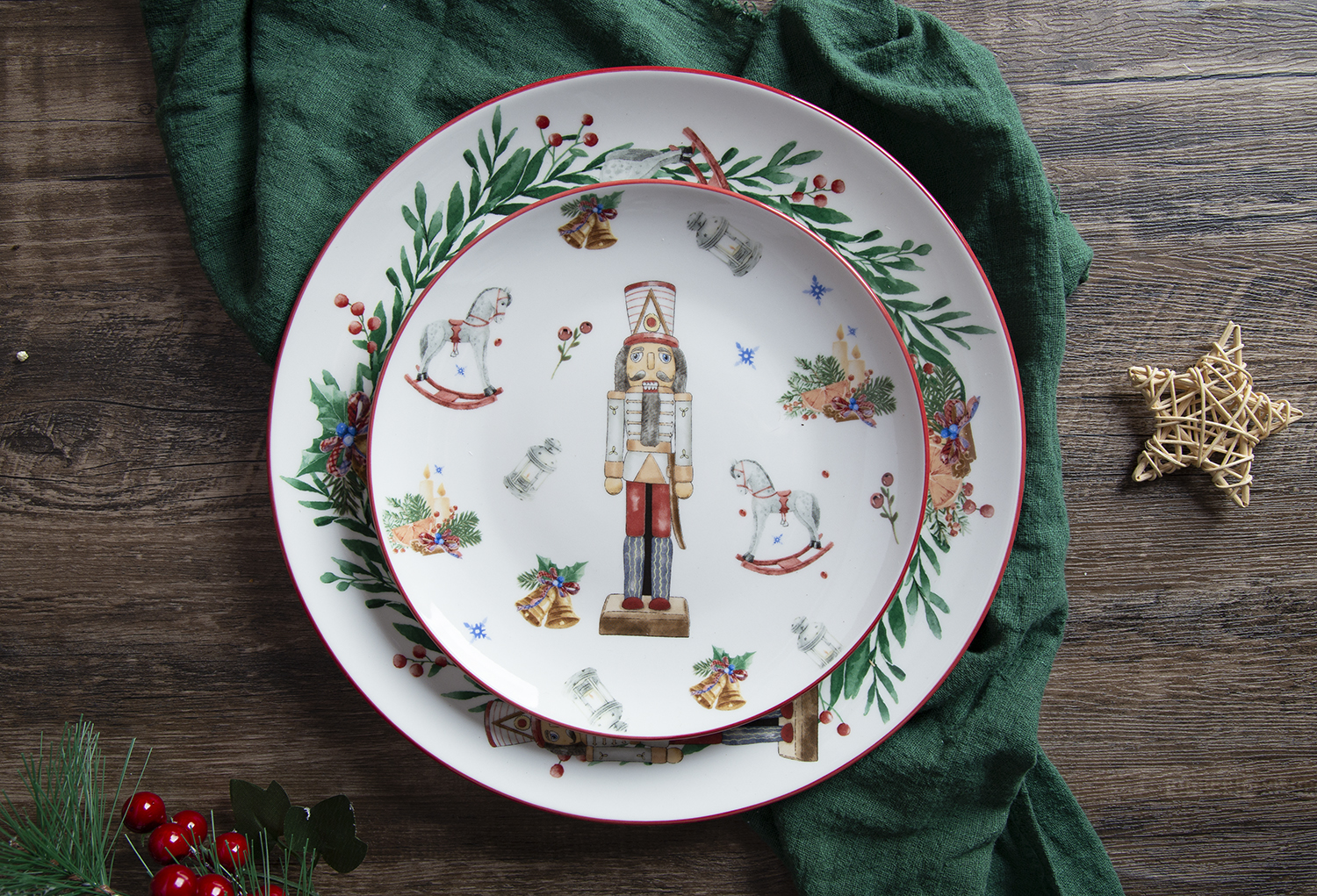 CHANGSHA HAPPY GO Christmas Nutcracker Fine Porcelain Decal Dinnerware Set with Festive Holiday Patterns and Red Rim Design  |happygodinnerware.com