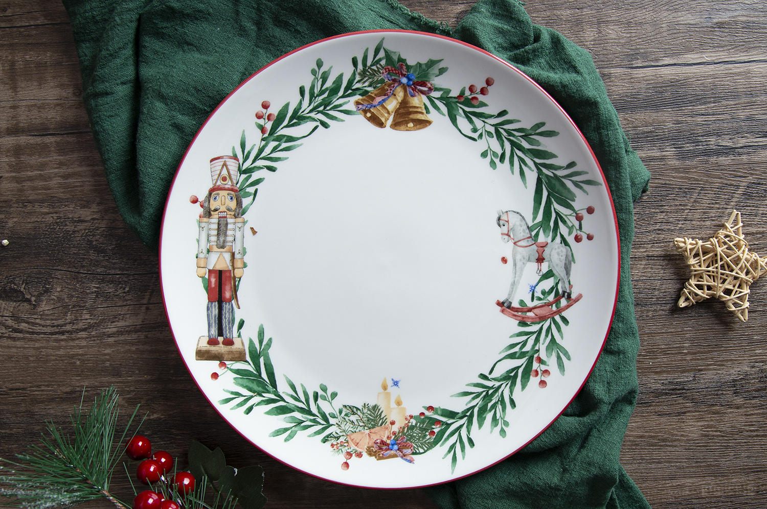 CHANGSHA HAPPY GO Christmas Nutcracker Fine Porcelain Decal Dinnerware Set with Festive Holiday Patterns and Red Rim Design  |happygodinnerware.com