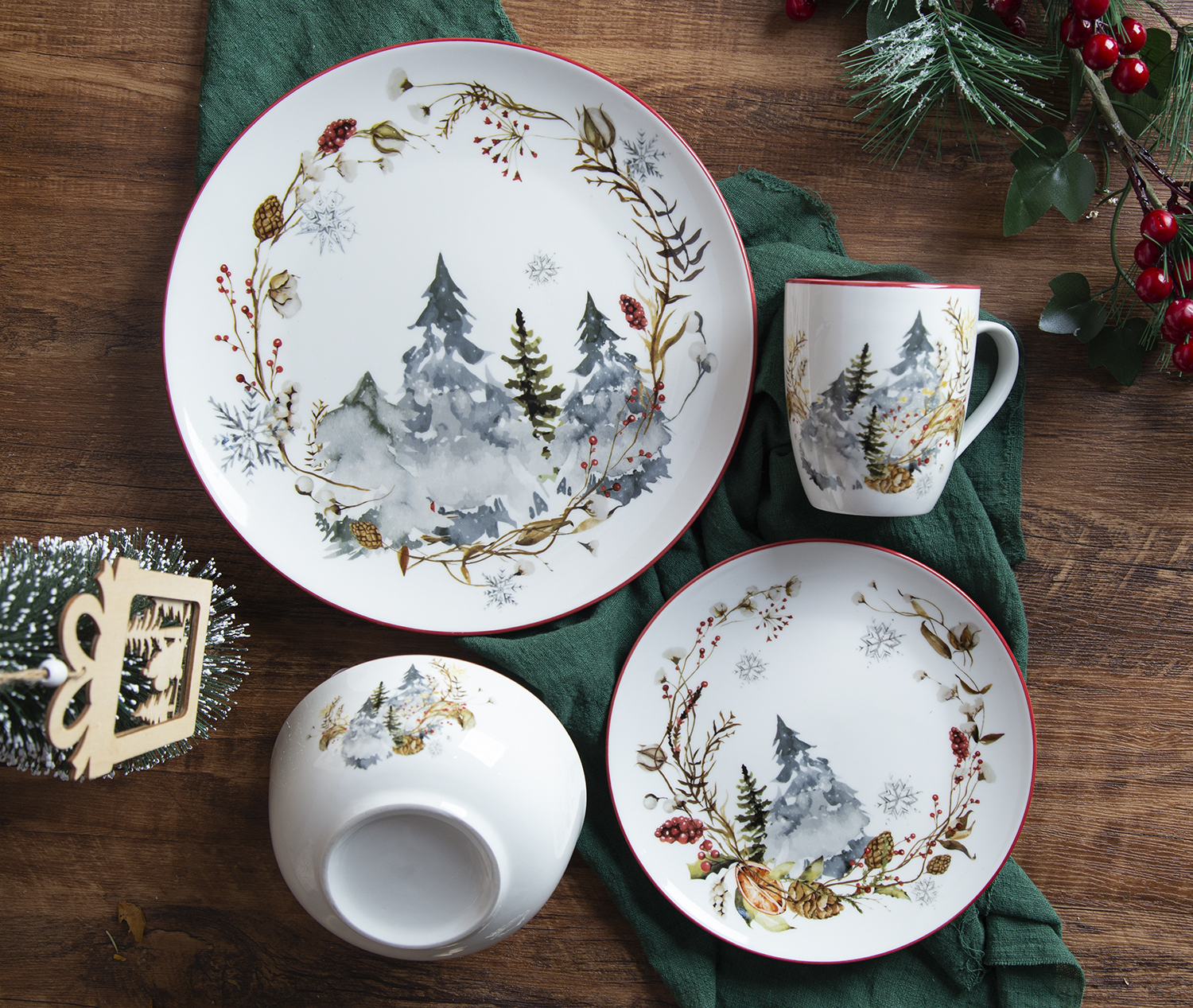 CHANGSHA HAPPY GO Christmas Forest Deer Decal Dinnerware Set with Red Rim and Holiday Woodland Scenes  |happygodinnerware.com