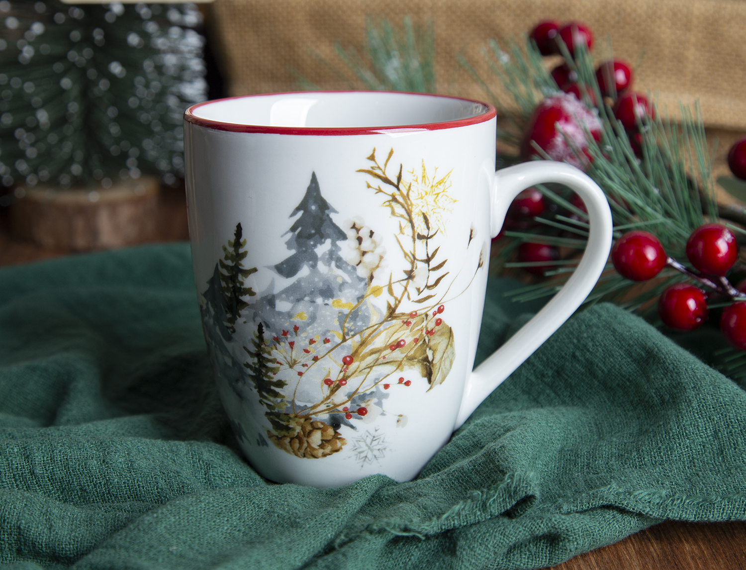 CHANGSHA HAPPY GO Christmas Forest Deer Decal Dinnerware Set with Red Rim and Holiday Woodland Scenes  |happygodinnerware.com