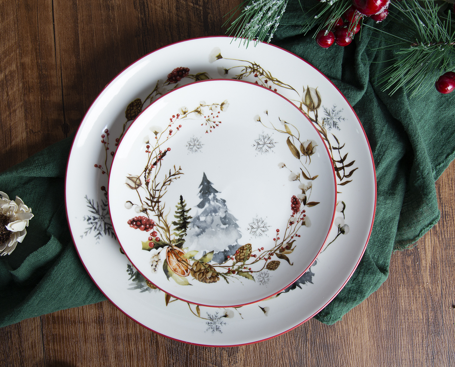 CHANGSHA HAPPY GO Christmas Forest Deer Decal Dinnerware Set with Red Rim and Holiday Woodland Scenes  |happygodinnerware.com