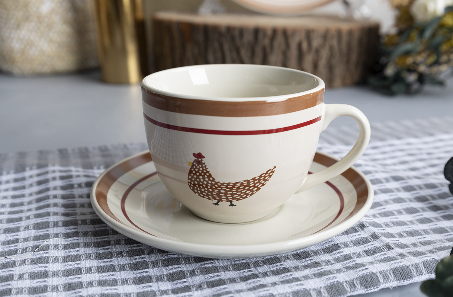 CHANGSHA HAPPY GO Farmhouse Country Hen Decal Dinnerware Set with Rustic Chicken and Brown Rim Designs  |happygodinnerware.com
