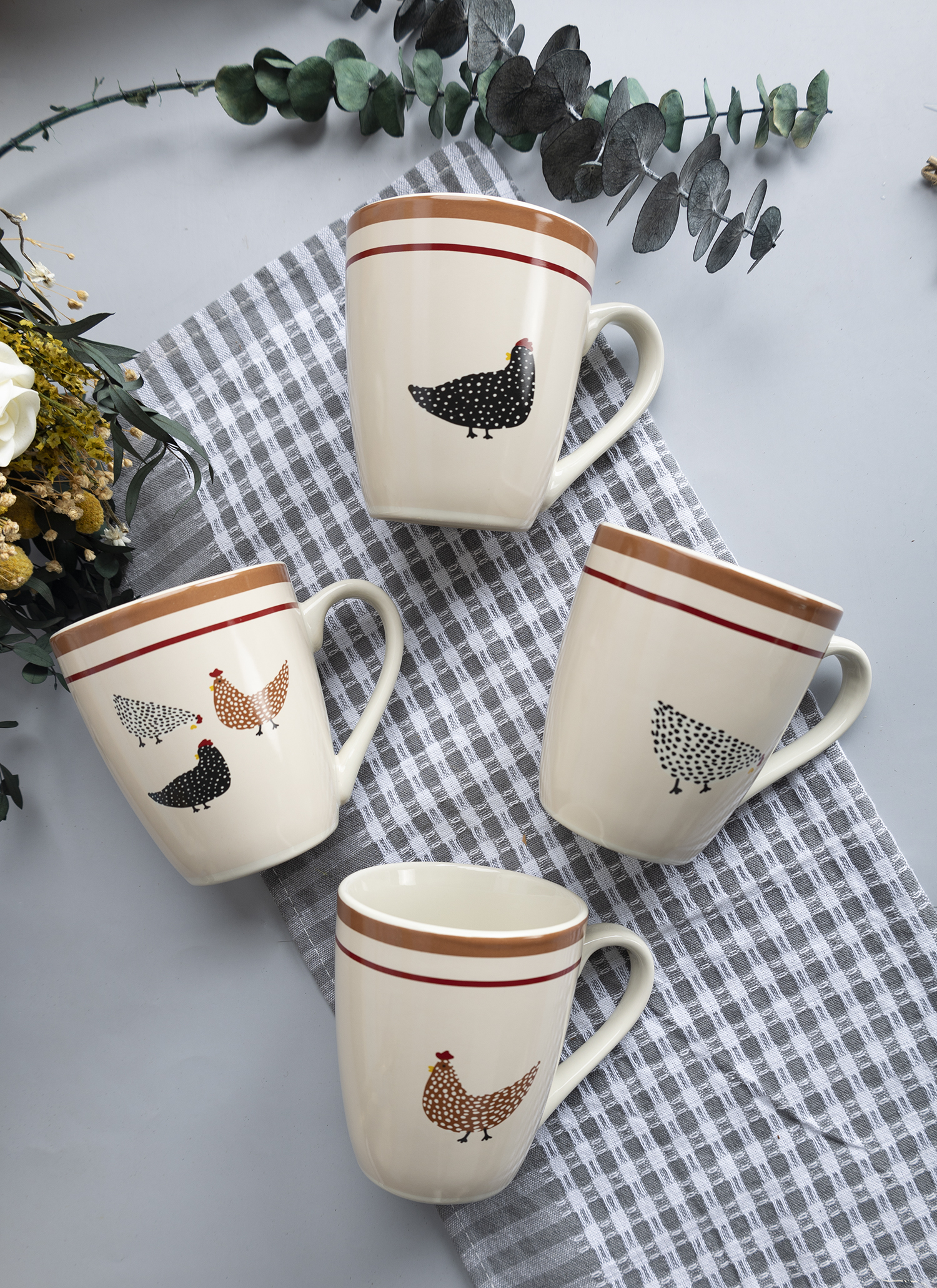 CHANGSHA HAPPY GO Farmhouse Country Hen Decal Dinnerware Set with Rustic Chicken and Brown Rim Designs  |happygodinnerware.com