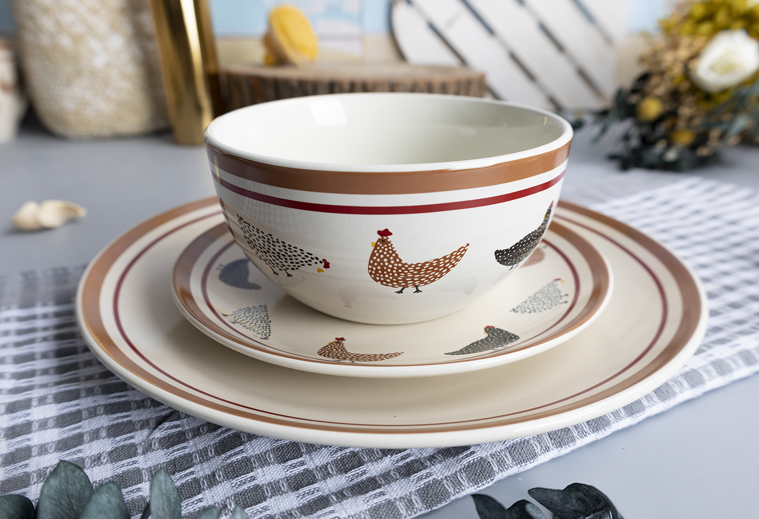 CHANGSHA HAPPY GO Farmhouse Country Hen Decal Dinnerware Set with Rustic Chicken and Brown Rim Designs  |happygodinnerware.com