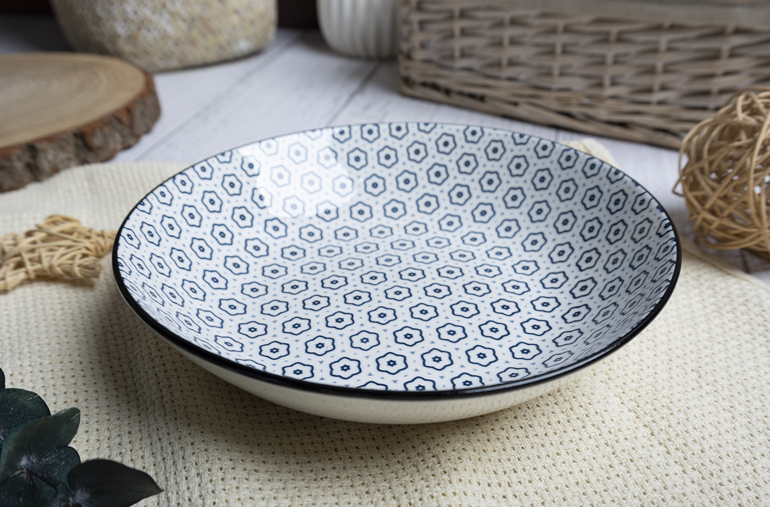 CHANGSHA HAPPY GO Japanese Style Blue and White Geometric Print Dinnerware Set with Diverse Patterns and Modern Aesthetic  |happygodinnerware.com