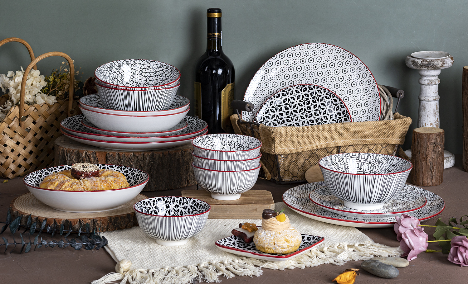 CHANGSHA HAPPY GO  Stylish Black and White Porcelain Dinnerware Set with Red Rim and Artistic Patterns  |happygodinnerware.com