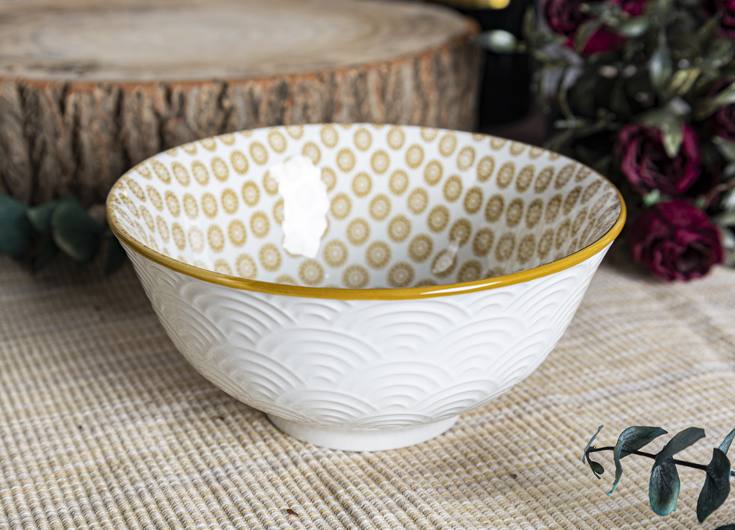 CHANGSHA HAPPY GO  Textured White Porcelain Bowl Set with Colorful Interior Prints and Wave Surface Design  |happygodinnerware.com