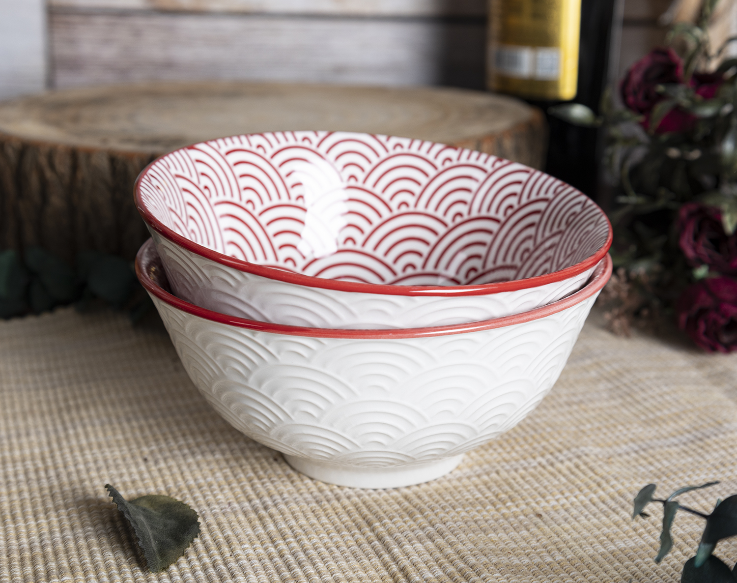 CHANGSHA HAPPY GO  Textured White Porcelain Bowl Set with Colorful Interior Prints and Wave Surface Design  |happygodinnerware.com