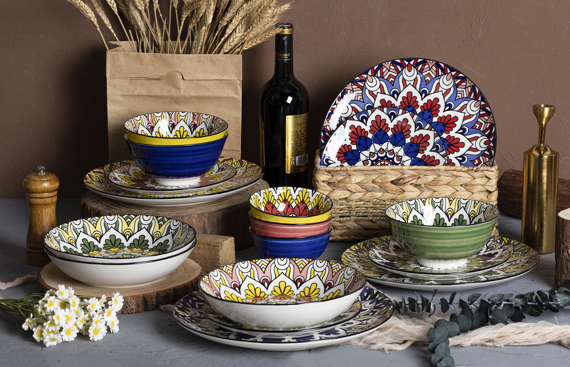 CHANGSHA HAPPY GO Colorful Porcelain Dinnerware Set with Mandala-Inspired Decal Patterns and Bold Contrasting Colors |happygodinnerware.com