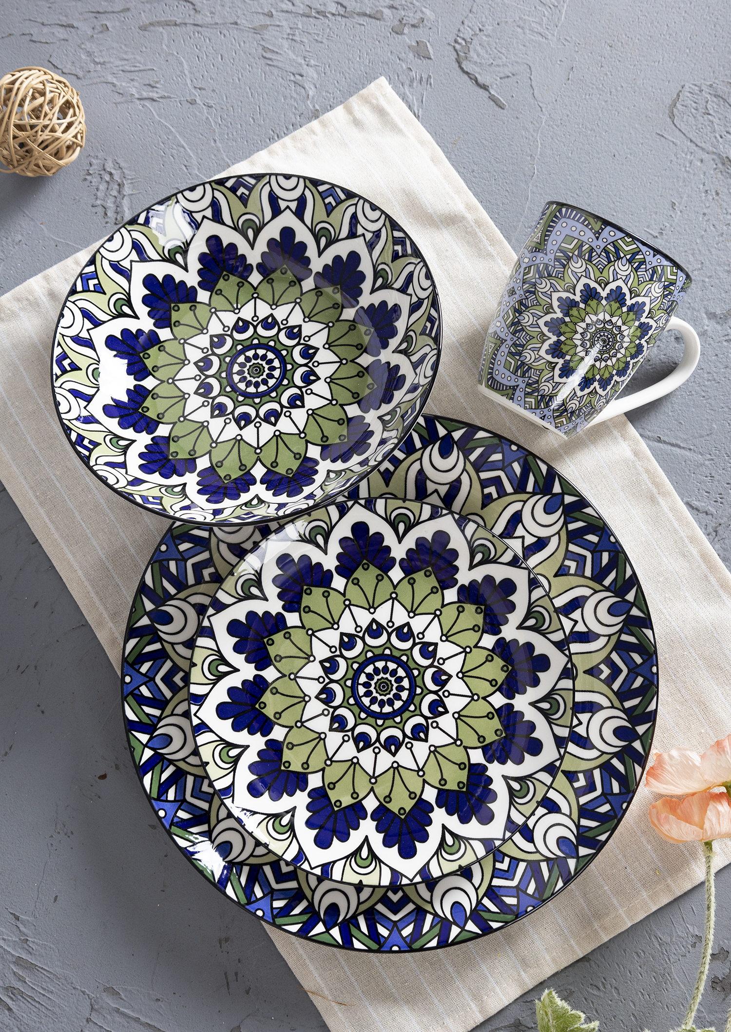 CHANGSHA HAPPY GO Colorful Porcelain Dinnerware Set with Mandala-Inspired Decal Patterns and Bold Contrasting Colors |happygodinnerware.com