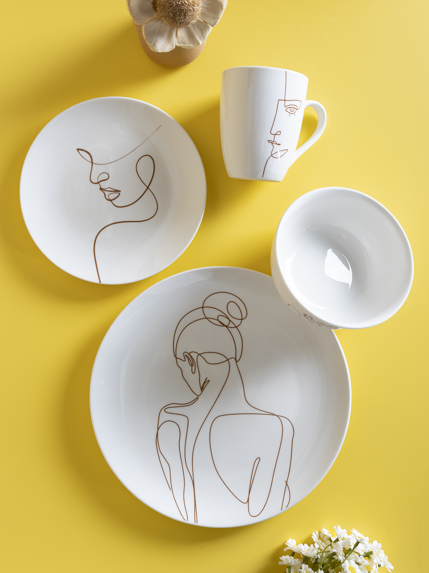 CHANGSHA HAPPY GO Contemporary White Porcelain Decal Dinnerware Set with Minimalist Abstract Face and Line Art Designs |happygodinnerware.com