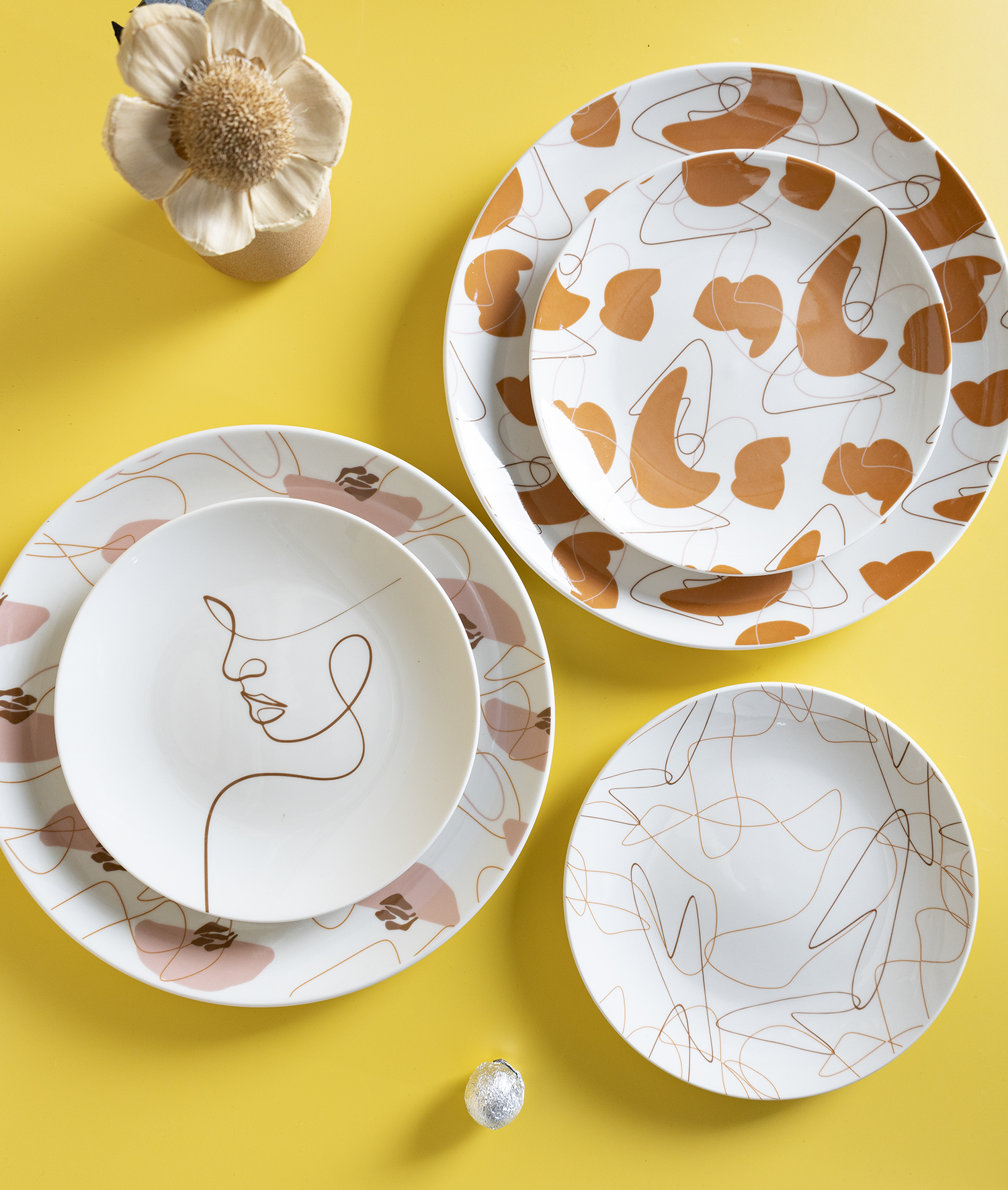CHANGSHA HAPPY GO Contemporary White Porcelain Decal Dinnerware Set with Minimalist Abstract Face and Line Art Designs |happygodinnerware.com