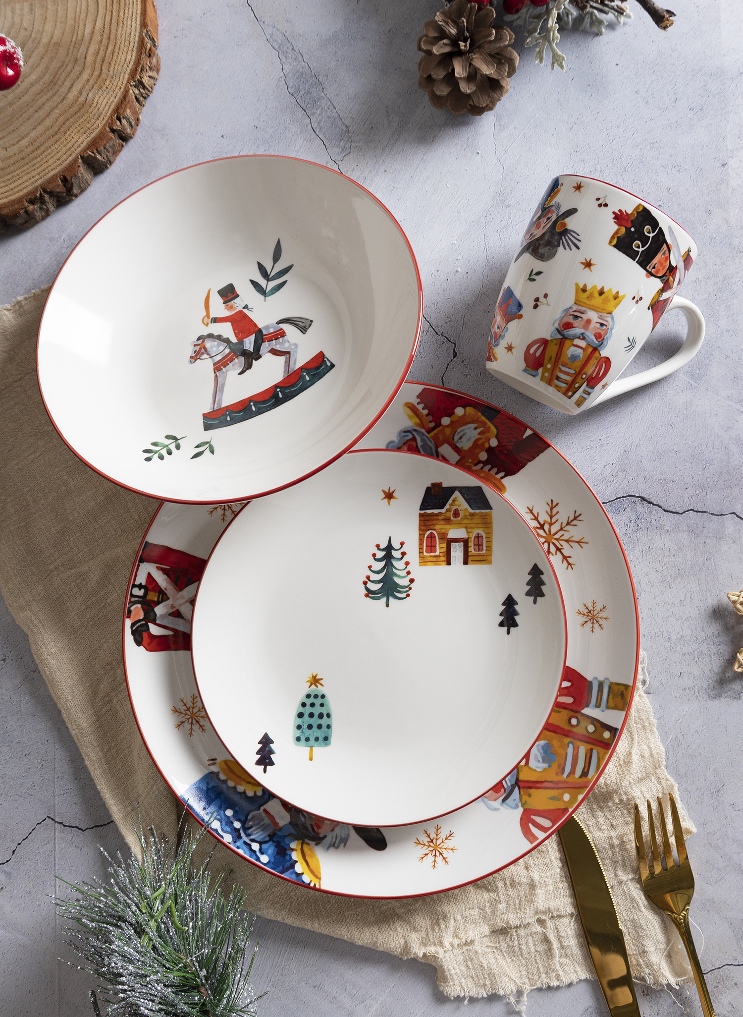 CHANGSHA HAPPY GO White Porcelain Christmas Dinnerware Set with Nutcracker Decal Design – Holiday Themed Plates, Bowls and Mugs |happygodinnerware.com