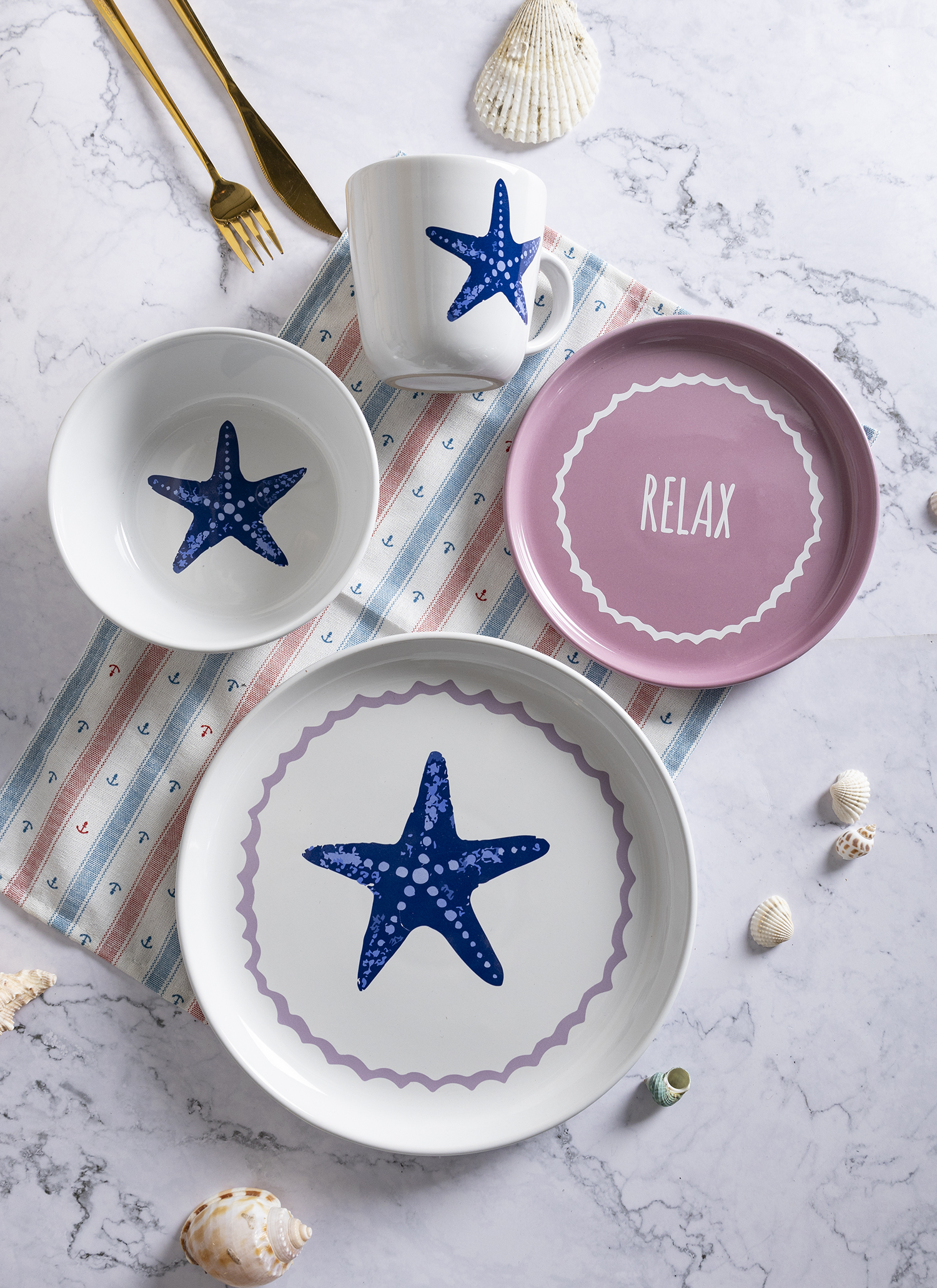 CHANGSHA HAPPY GO Stoneware Decal Dinnerware Set with Coastal Elements and Inspirational Words – Relax, Enjoy, Delicious, and Pleasure Tableware Collection |happygodinnerware.com