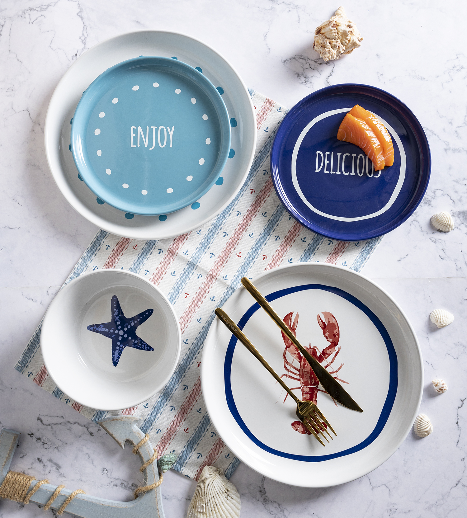 CHANGSHA HAPPY GO Stoneware Decal Dinnerware Set with Coastal Elements and Inspirational Words – Relax, Enjoy, Delicious, and Pleasure Tableware Collection |happygodinnerware.com