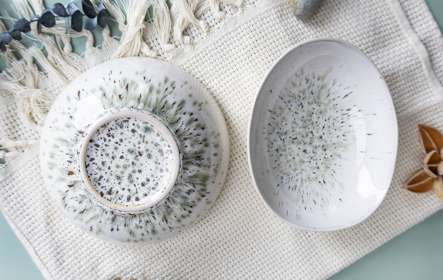 CHANGSHA HAPPY GO  Soft Reactive Glaze Stoneware Table Set in Creamy Ivory with Subtle Forest Tinting and Rustic Refinement |happygodinnerware.com