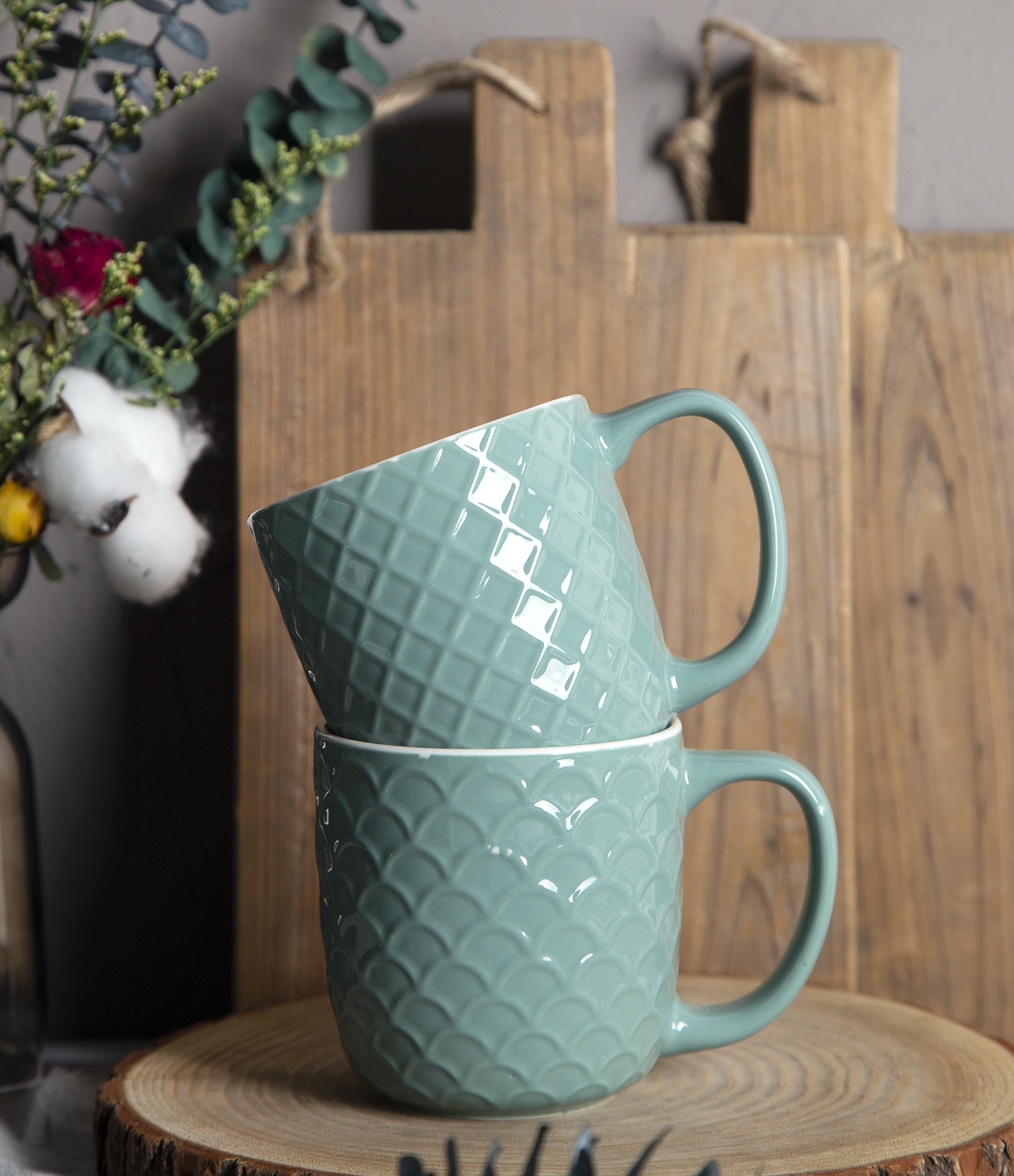 CHANGSHA HAPPY GO Celadon Embossed Bone China Mugs – Glossy Color Glaze with Geometric Relief Texture |happygodinnerware.com