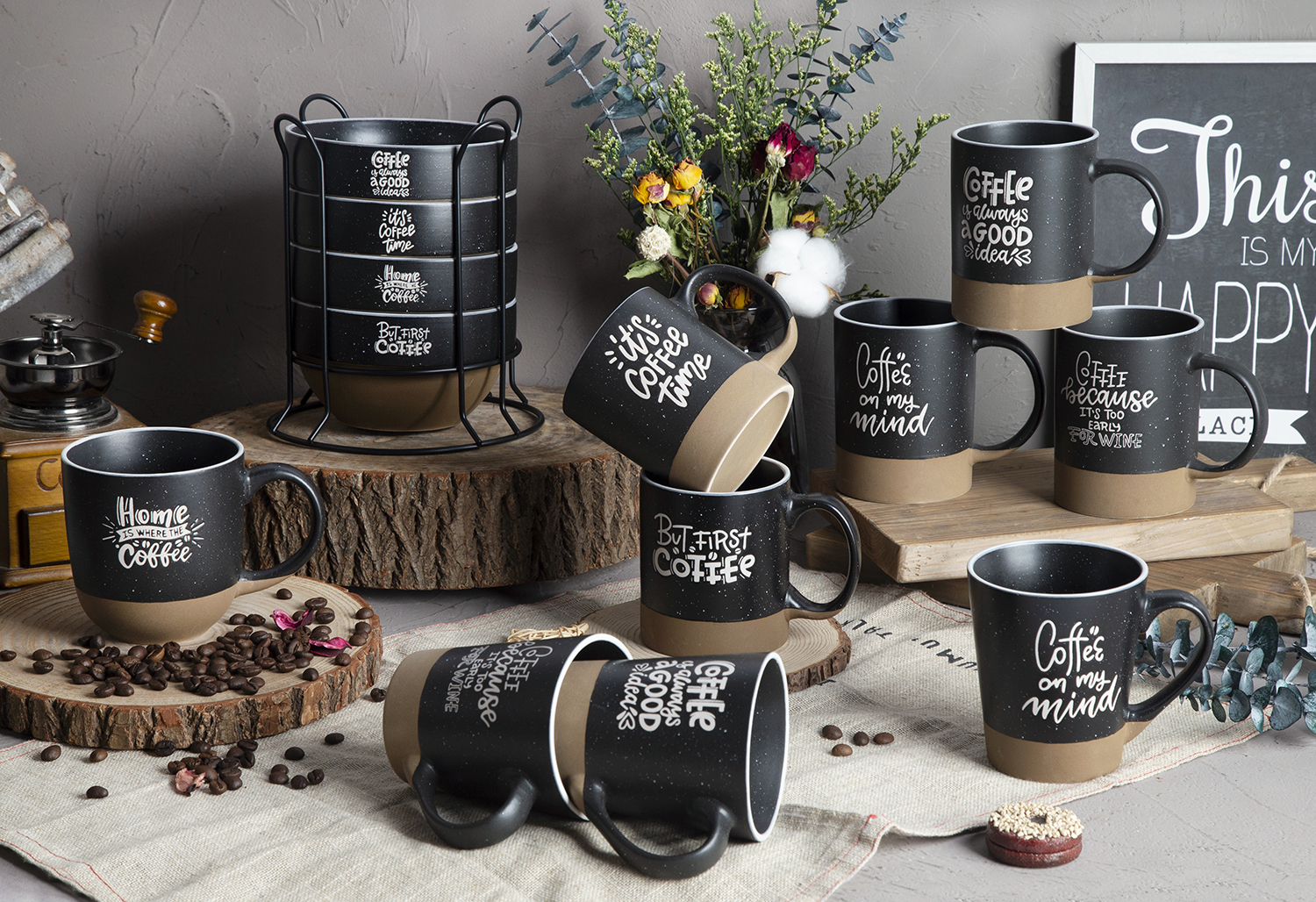 CHANGSHA HAPPY GO Coffee Lover Stoneware Mugs with Half-Cut Cosmetic Clay Design | happygodinnerware.com