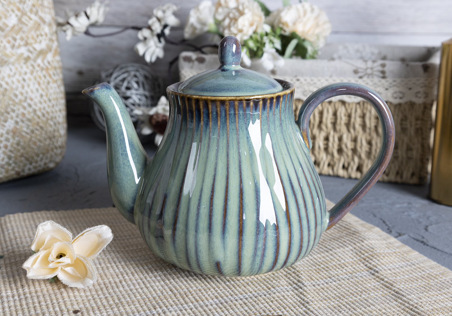 CHANGSHA HAPPY GO  Vintage Green Embossed New Bone China Tea Set with Textured Reactive Glaze and Elegant Rippled Surface  |happygodinnerware.com