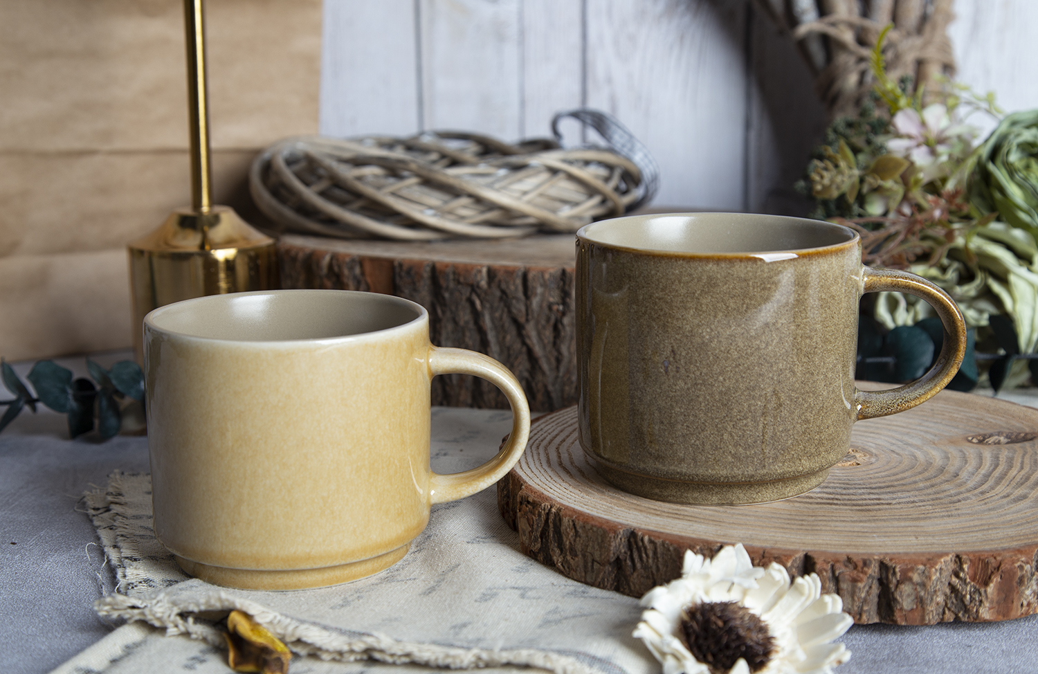 CHANGSHA HAPPY GO Taupe, Peach, Yellow & Olive Stackable Reactive Mugs |happygodinnerware.com