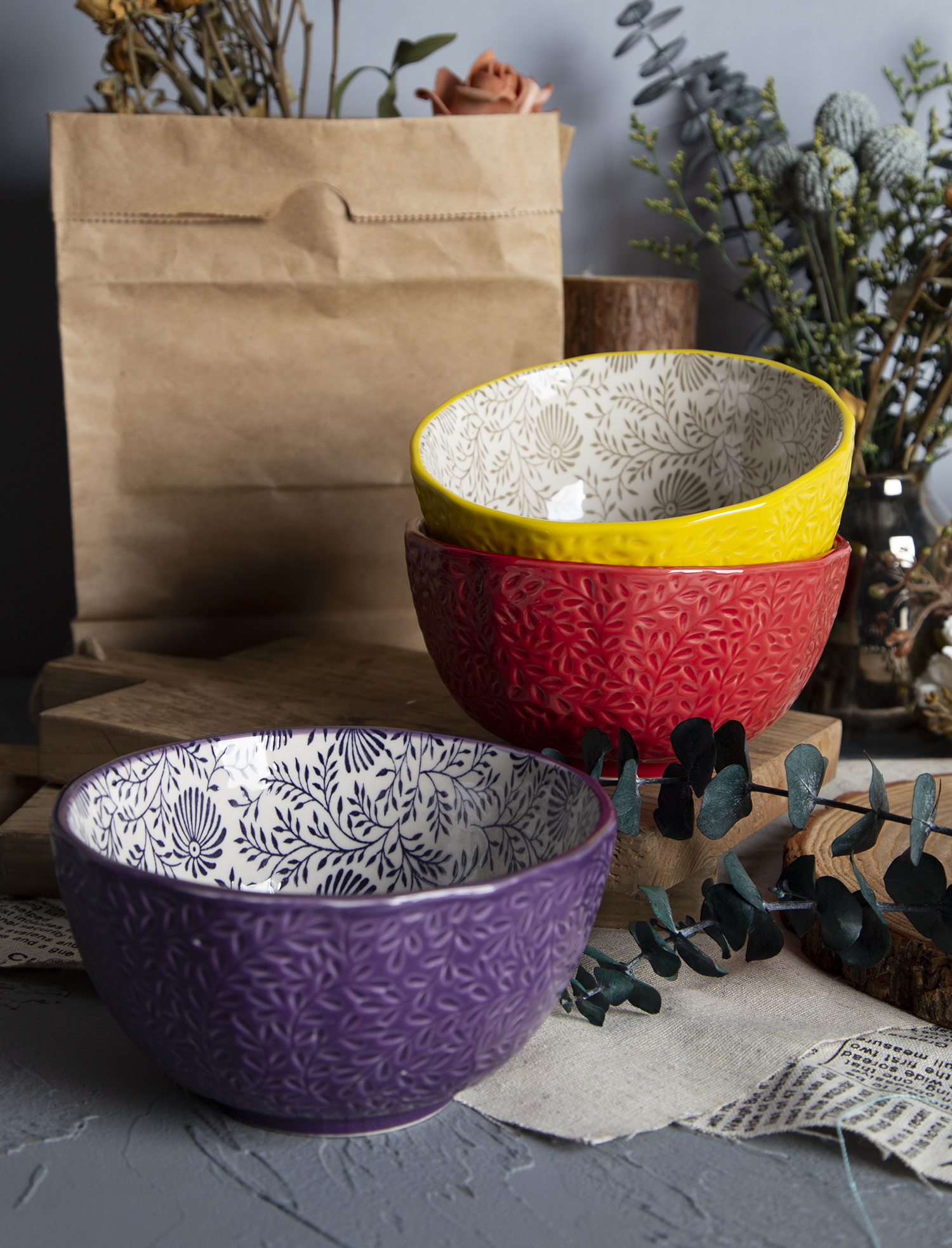 CHANGSHA HAPPY GO Wisteria Embossed Stoneware Bowls with Floral Print | happygodinnerware.com