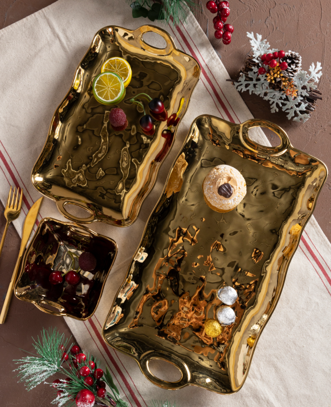 CHANGSHA HAPPY GO Full Electroplated Gold High-Gloss Bone China Serving Tray Set for Premium Banquets and Decorative Displays |happygodinnerware.com