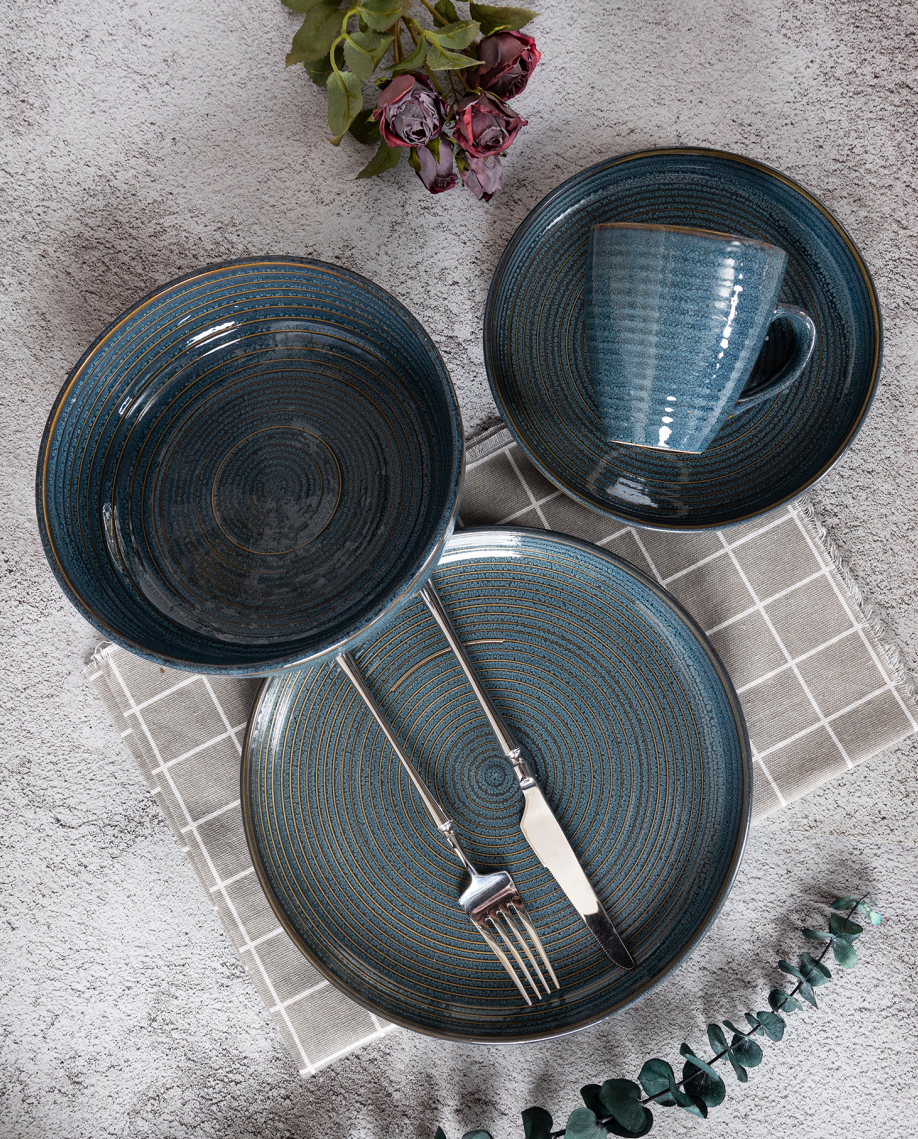 CHANGSHA HAPPY GO  Embossed Blue-Green Reactive Glaze Stoneware Dinnerware Set – Textured Spiral Relief Ceramic Plates, Bowls, and Mug  |happygodinnerware.com