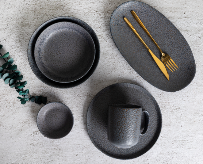 ​CHANGSHA HAPPY GO  Reactive Glaze Stoneware Collection in Charcoal Pebble Texture with Contemporary Look  |happygodinnerware.com
