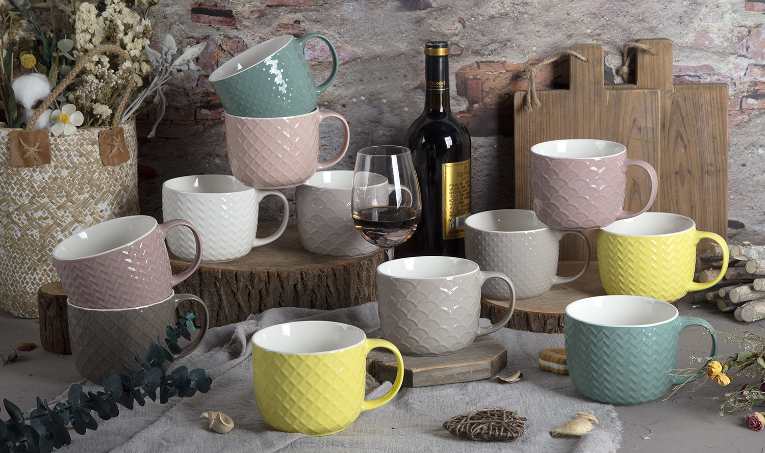 CHANGSHA HAPPY GO Assorted Color Glazed Embossed Bone China Mugs – Elegant Texture Meets Vibrant Mix |happygodinnerware.com