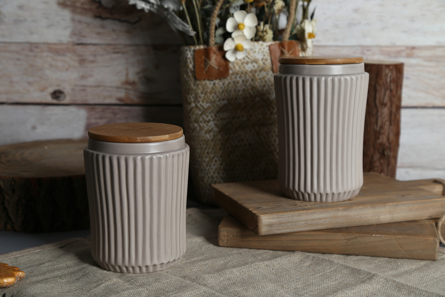 CHANGSHA HAPPY GO Vertical Striped Embossed Storage Jars with Bamboo Lid | happygodinnerware.com
