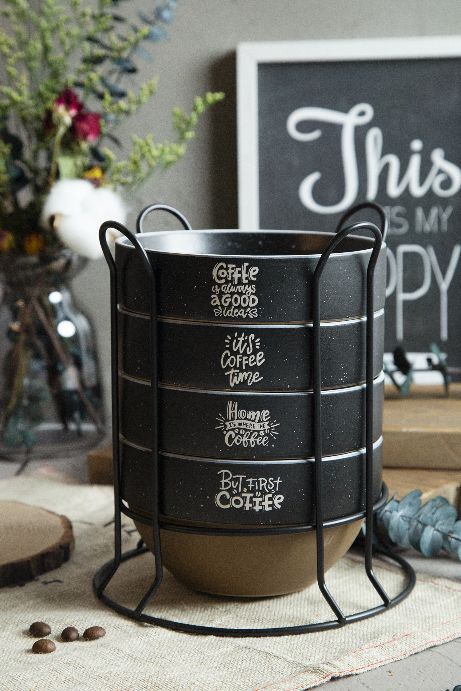 CHANGSHA HAPPY GO Coffee Lover Stoneware Mugs with Half-Cut Cosmetic Clay Design | happygodinnerware.com