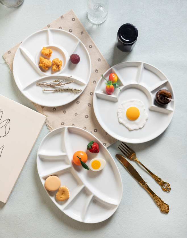 CHANGSHA HAPPY GO  Elegant White Porcelain Embossed Dinner Plates with Multi-Compartment Design for Stylish and Organized Serving |happygodinnerware.com