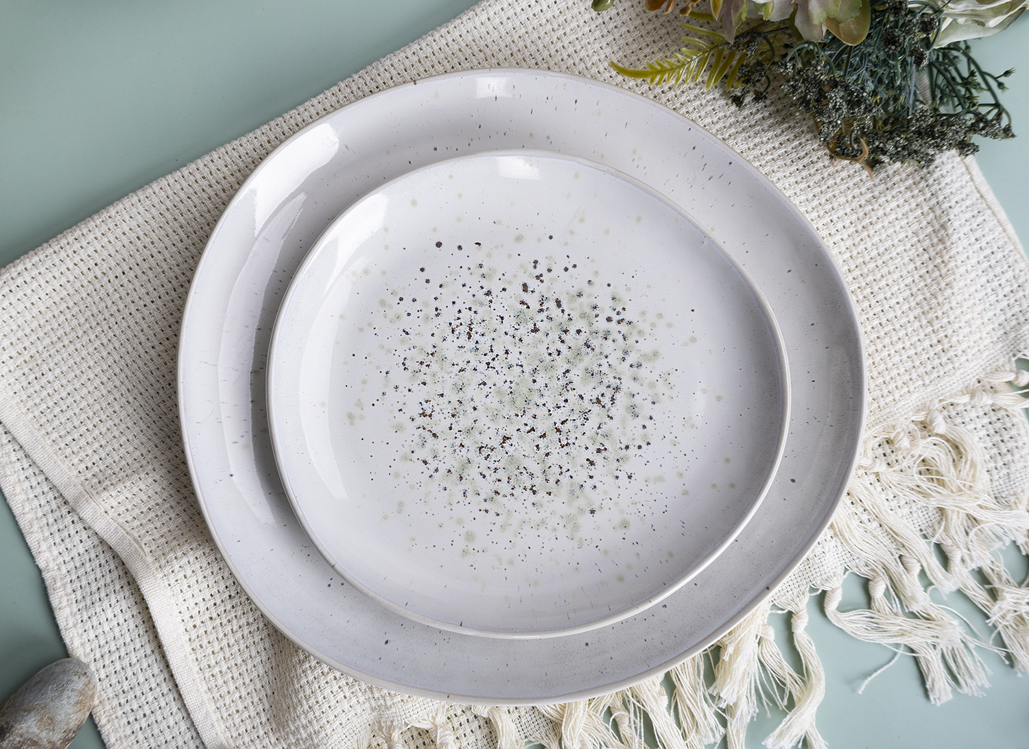 CHANGSHA HAPPY GO  Soft Reactive Glaze Stoneware Table Set in Creamy Ivory with Subtle Forest Tinting and Rustic Refinement |happygodinnerware.com