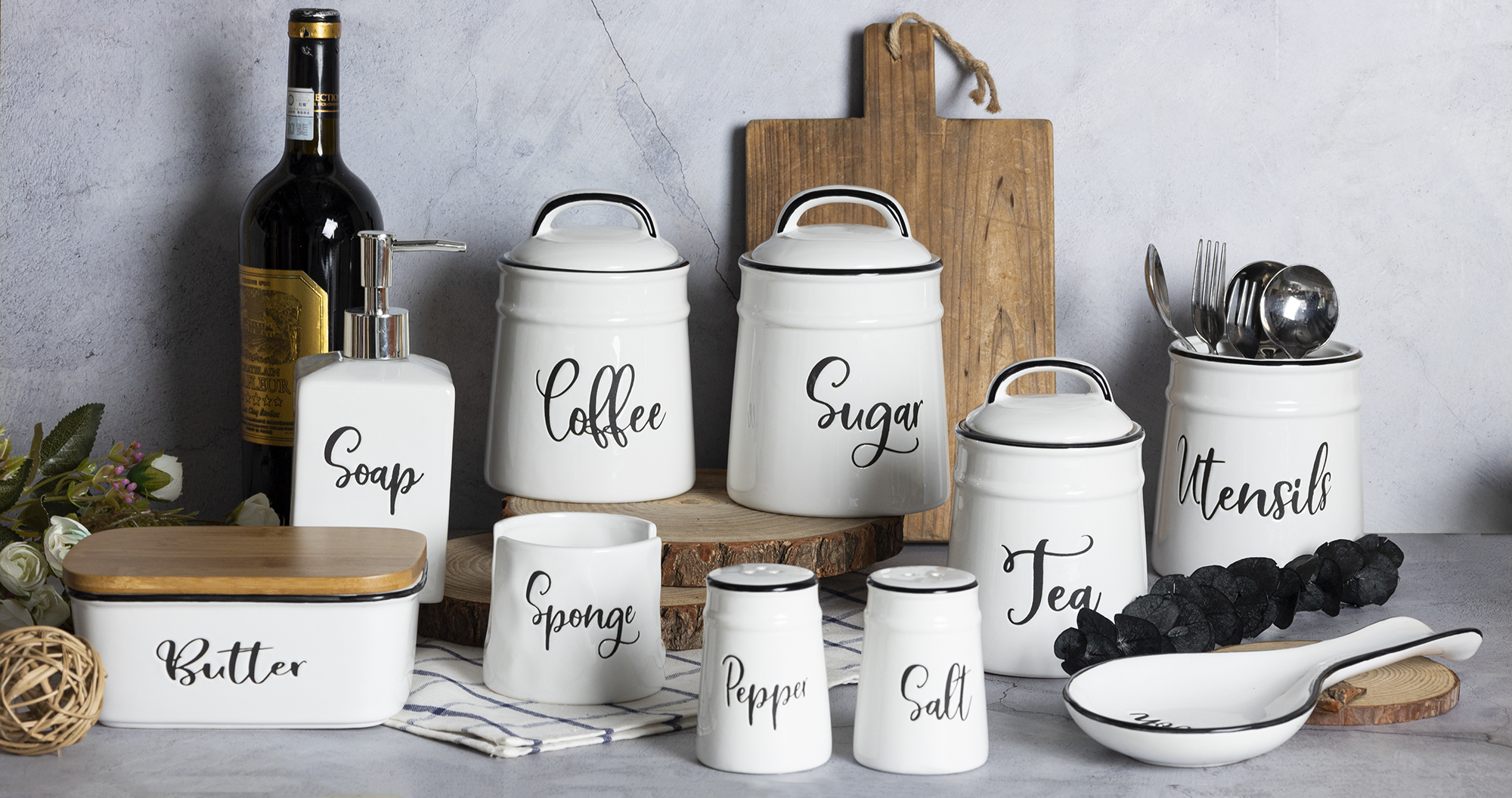 CHANGSHA HAPPY GO Vintage Style White Ceramic Kitchen Storage Set with Script Silkscreen Font – Coffee, Sugar, Tea, Butter Dish, Soap Dispenser and More |happygodinnerware.com