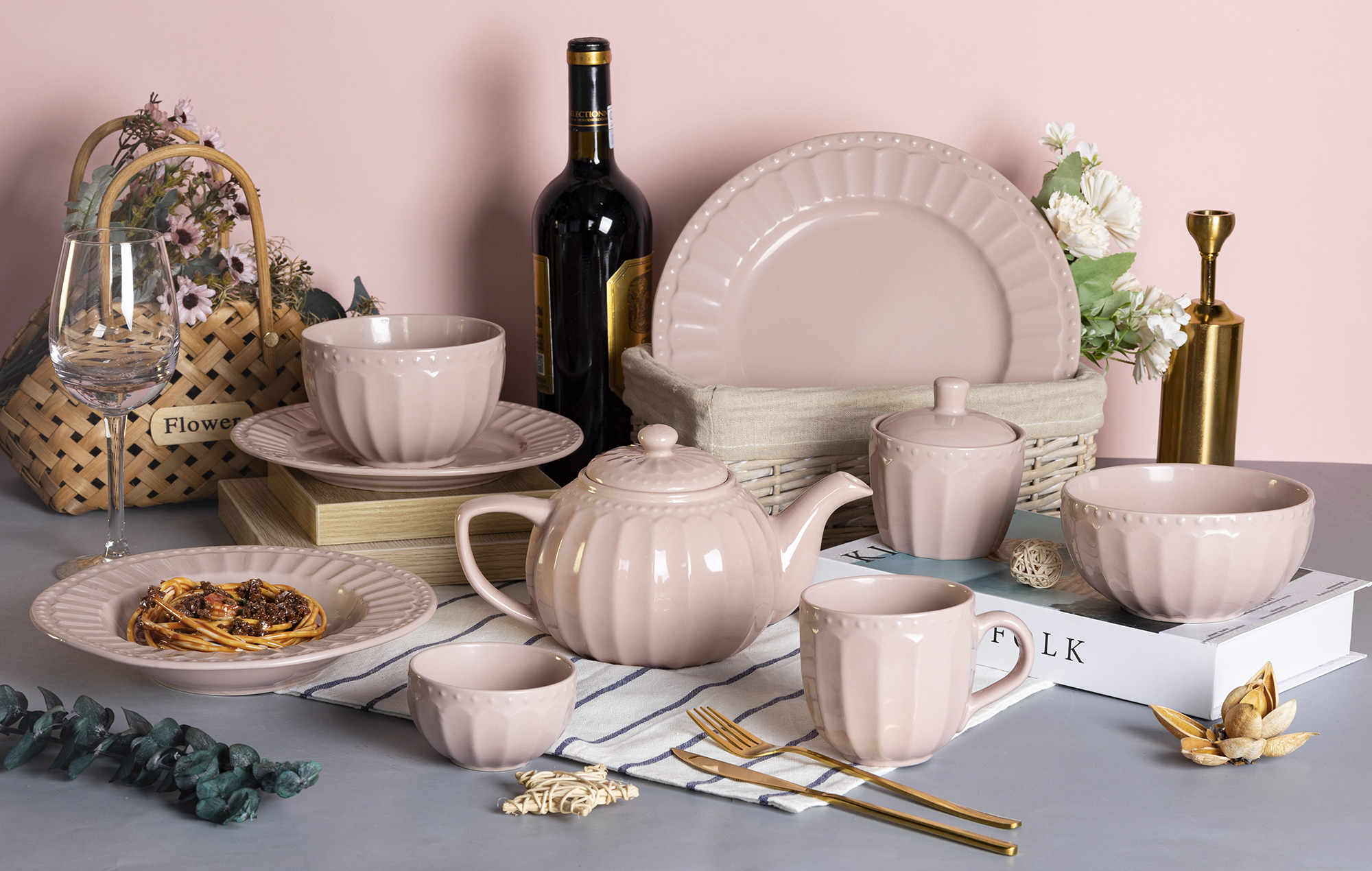 CHANGSHA HAPPY GO Pink Embossed Stoneware British Afternoon Tea and Dinnerware Set with Romantic Pastel Tone  |happygodinnerware.com