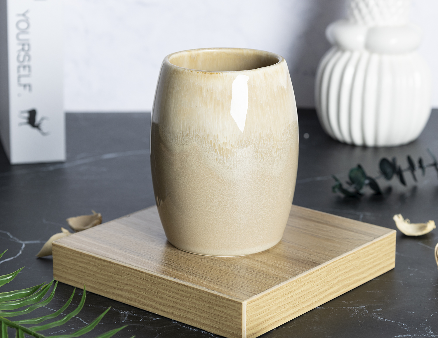 CHANGSHA HAPPY GO Light Beige Reactive Glaze Stoneware Bathroom Set – 7-Piece Rustic Ceramic Accessory Kit with Soap Dispenser and Canister |happygodinnerware.com