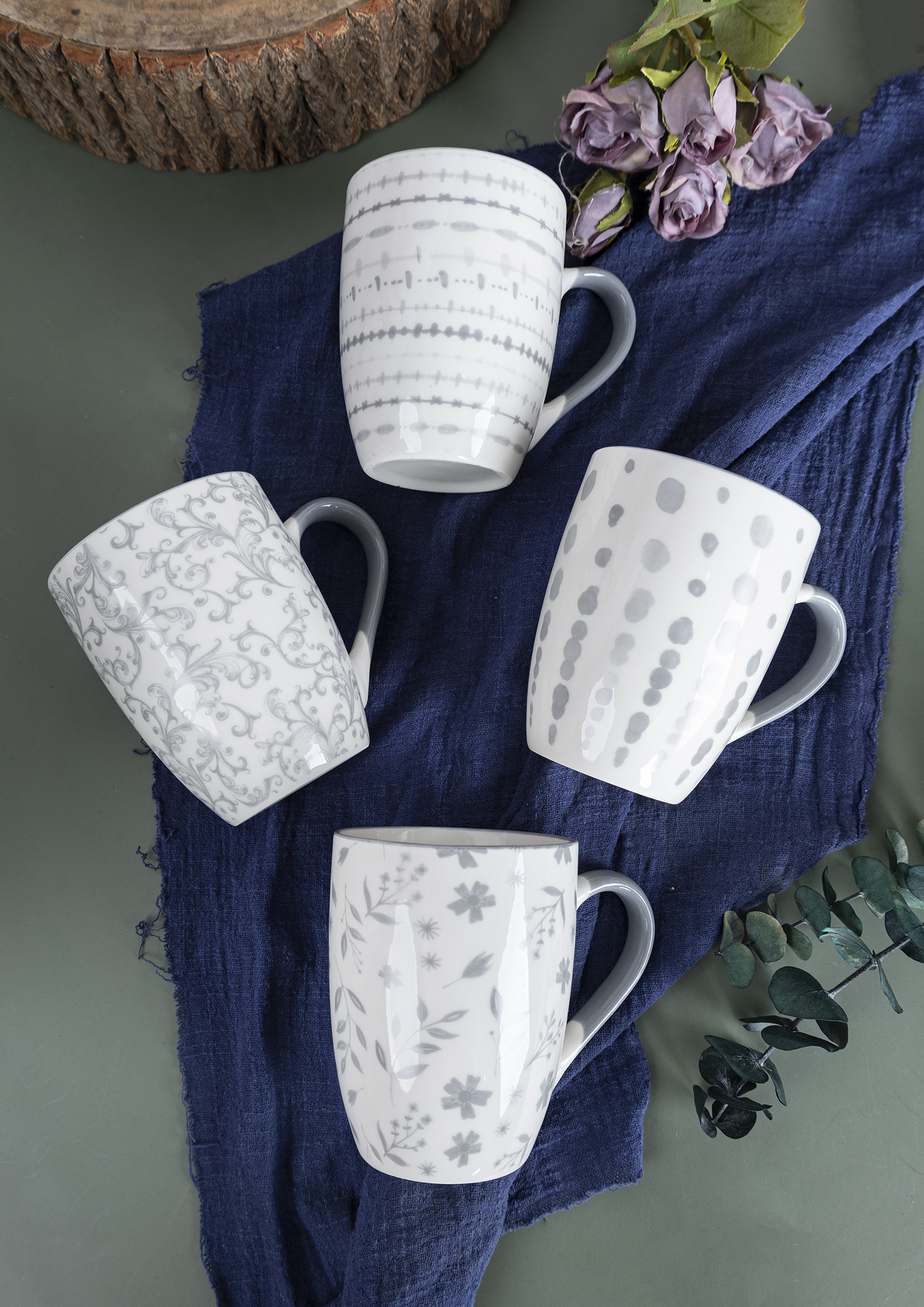 CHANGSHA HAPPY GO  Elegant Gray New Bone China Mug Set with Floral and Minimalist Geometric Decal Patterns  |happygodinnerware.com