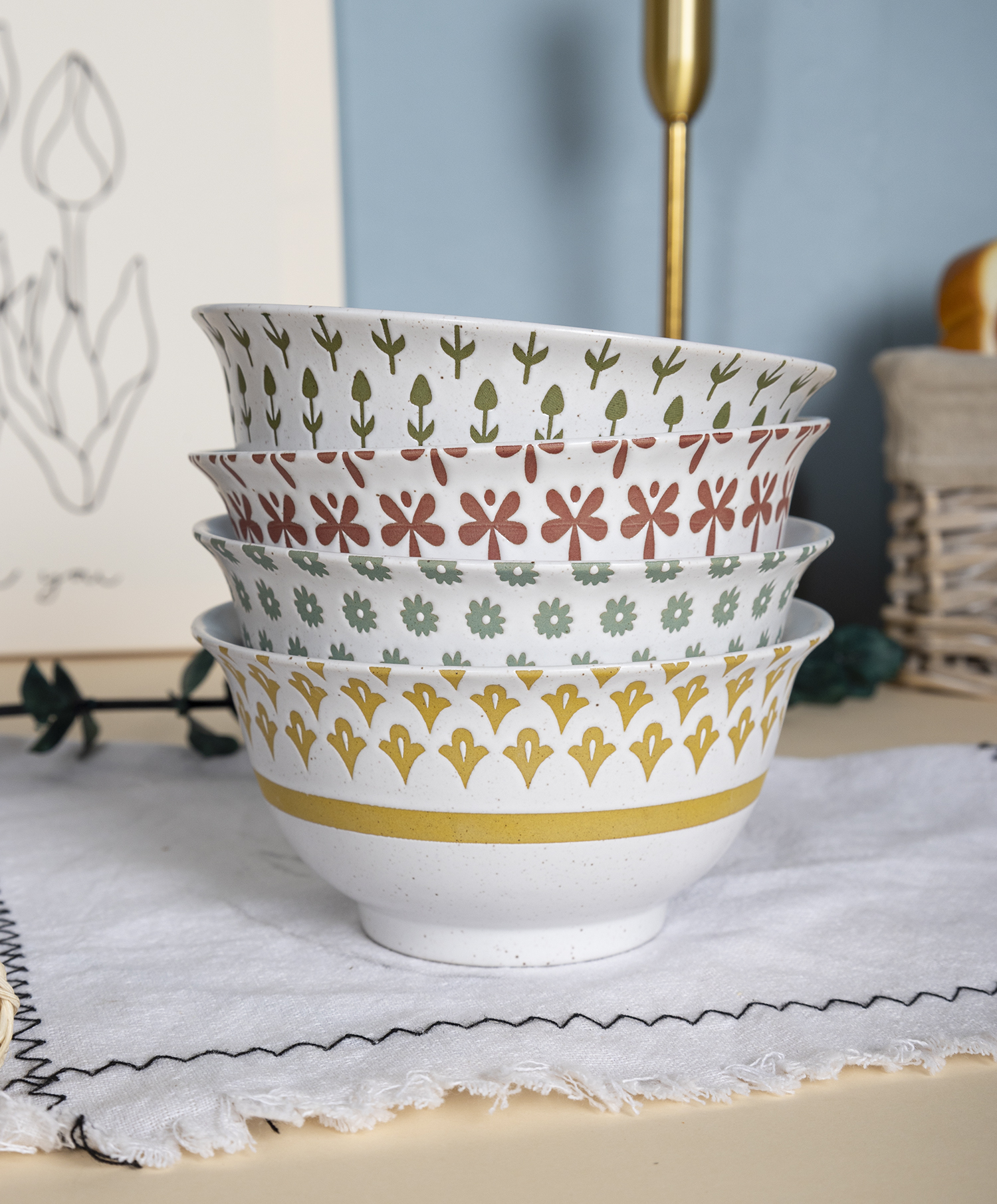 CHANGSHA HAPPY GO Colorful Geometric Patterned Stoneware Rice Bowl Set with Modern Hand-Painted Decal Designs |happygodinnerware.com