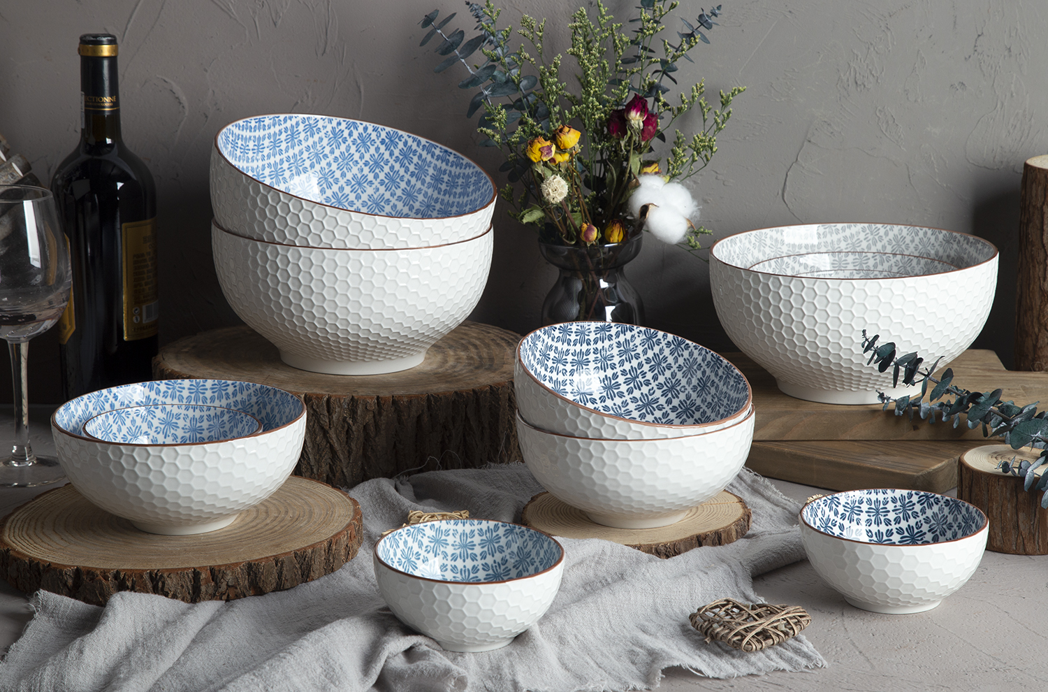 CHANGSHA HAPPY GO White Porcelain Honeycomb Embossed Bowls with Floral Blue Interiors | happygodinnerware.com